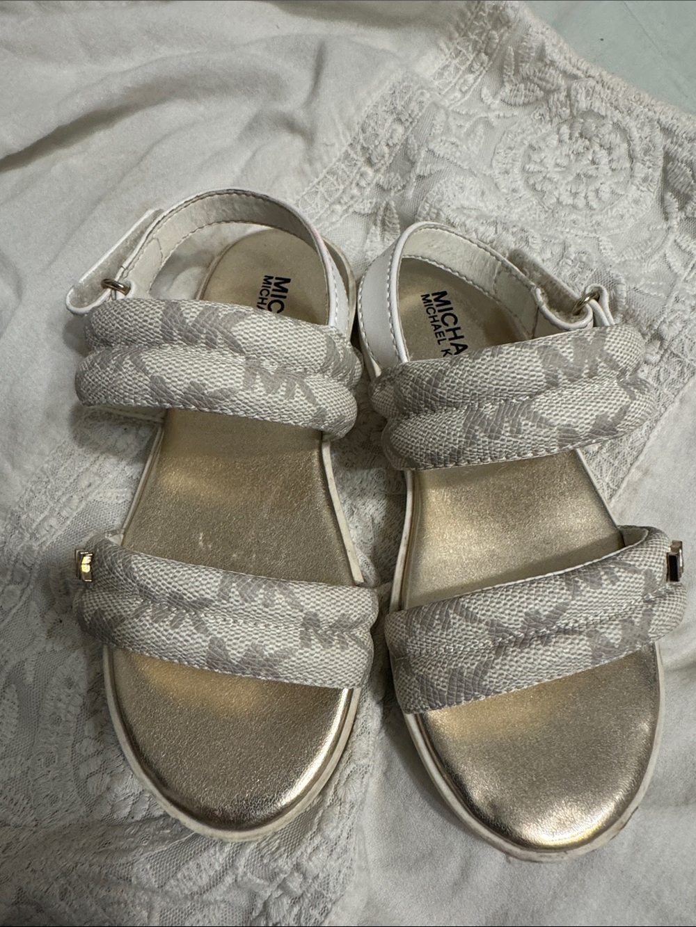 Michael Kors Beige Logo Double-Strap Sandals with Gold Footbed